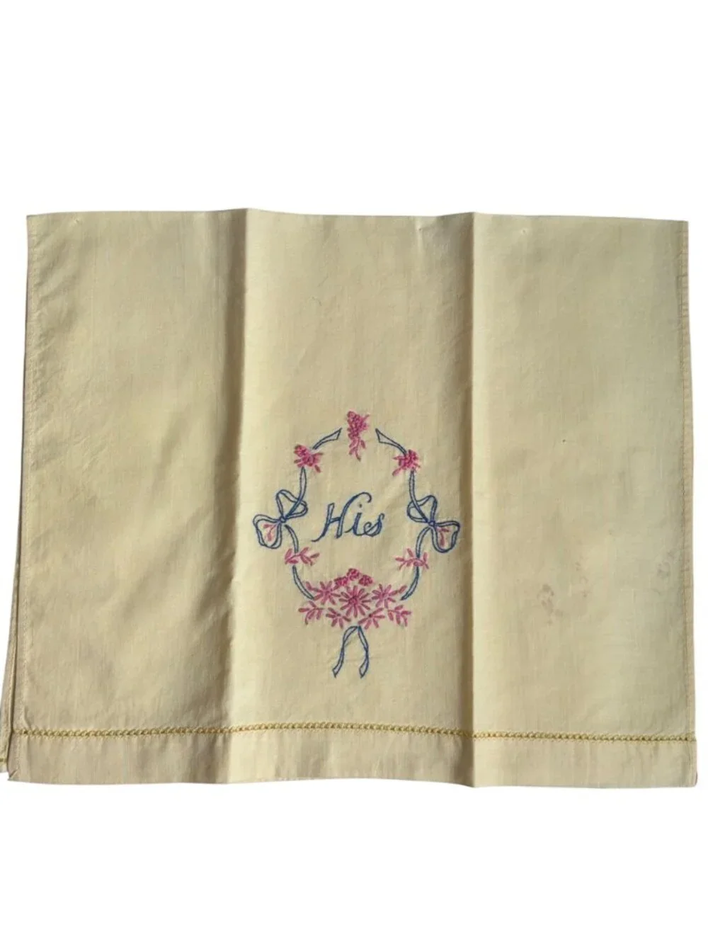 Vintage His Hers Embroidered Yellow Guest Towels Pink Blue Floral Design Pair